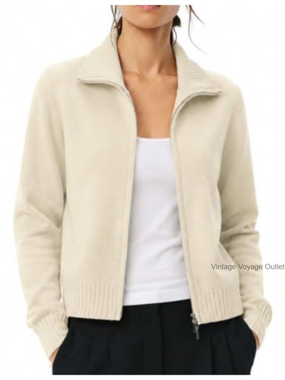 Cotton Blend Zip Up Cropped Cardigan Sweater Mock Neck Knit Jacket